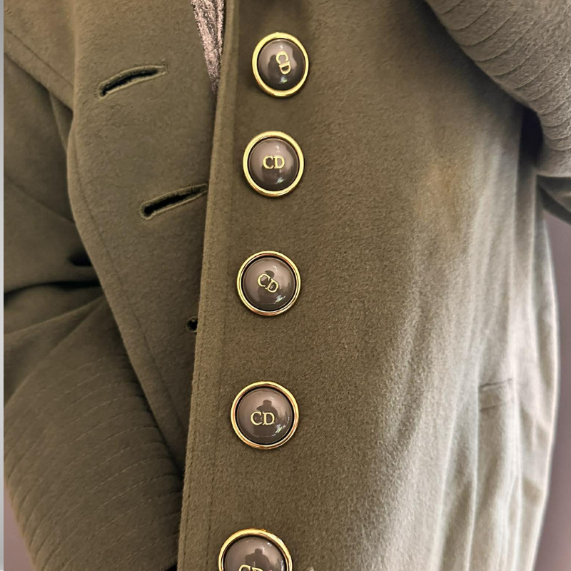 Christian Dior Vintage Olive Green Wool Shawl Collar Coat with CD Logo Buttons thumbnail