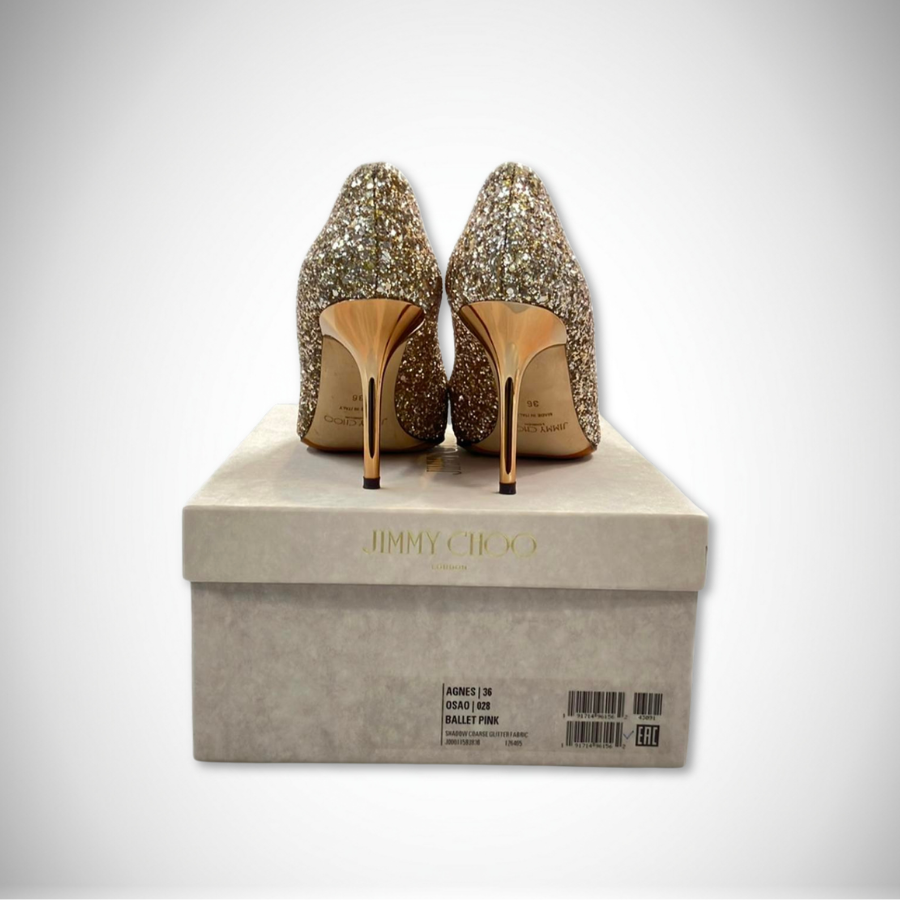 Jimmy Choo Romy 85 Champagne Coarse Glitter Pumps Pointe Toe Stiletto Heel thumbnail