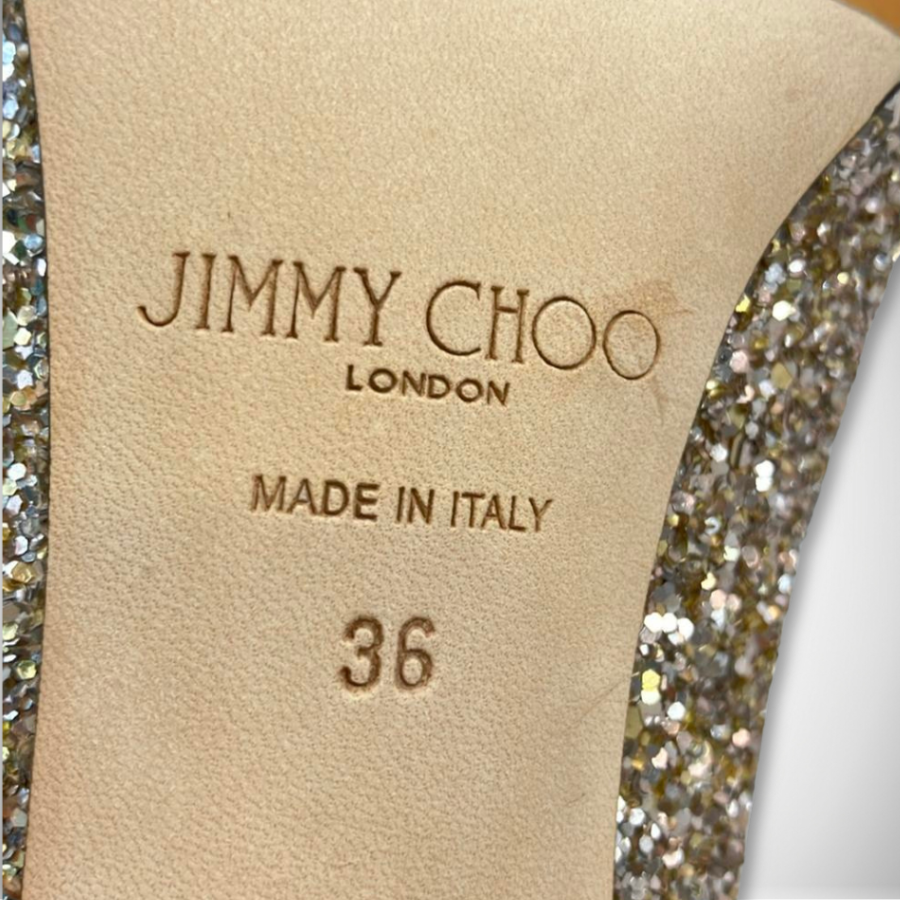 Jimmy Choo Romy 85 Champagne Coarse Glitter Pumps Pointe Toe Stiletto Heel thumbnail