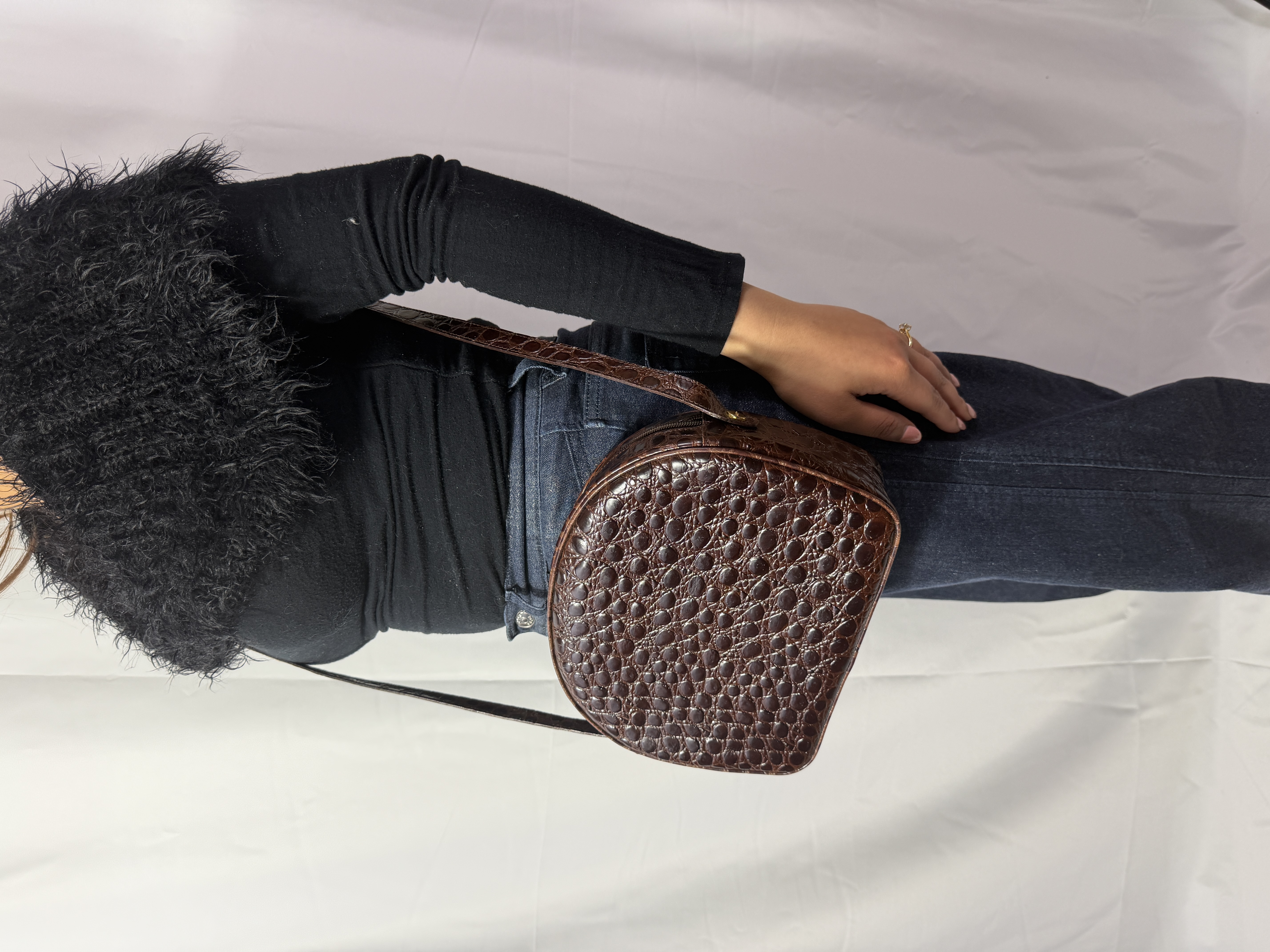 Vintage Ferragamo Vara Croc-Embossed Leather Half-Moon Crossbody Bag thumbnail