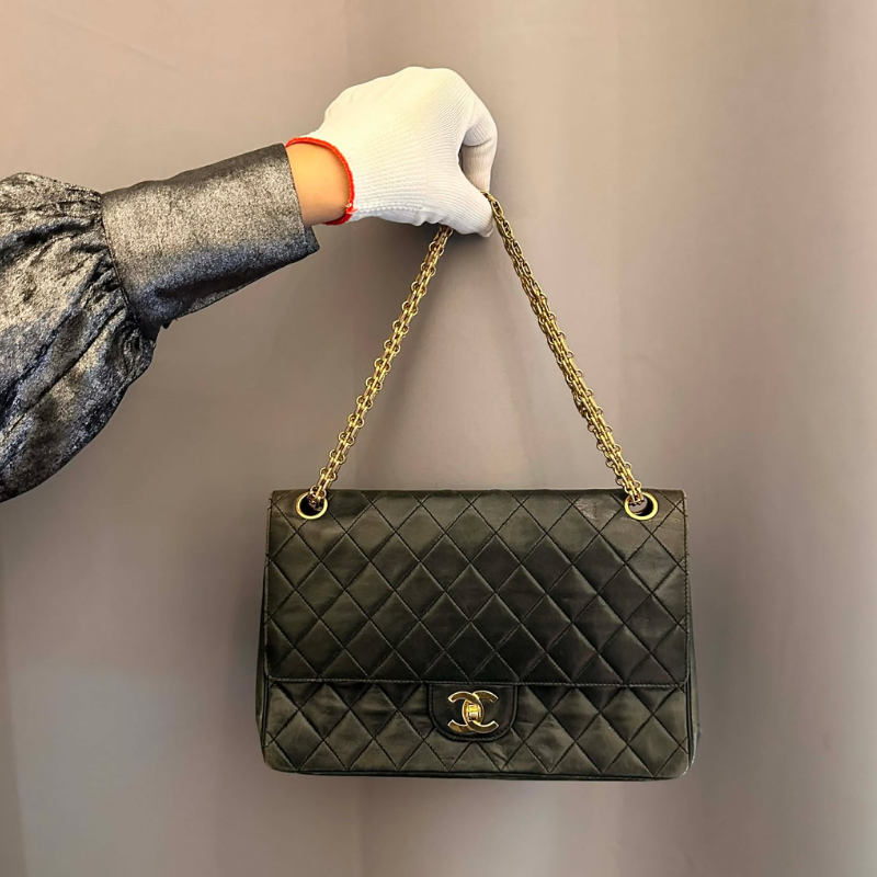 Chanel Matelassé Lambskin Double Flap Double Chain Bag Black Gold Metal Fittings thumbnail