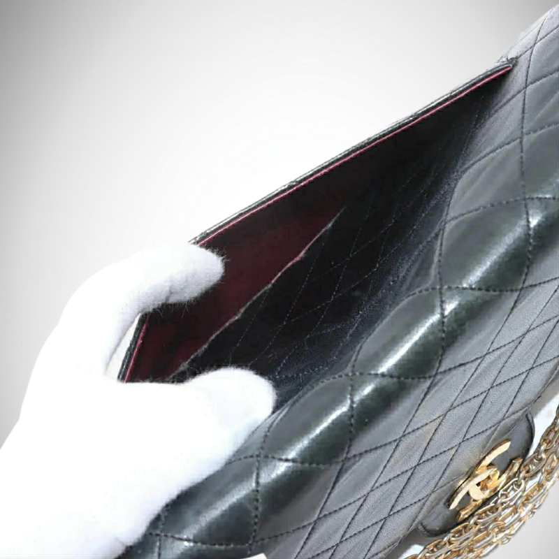 Chanel Matelassé Lambskin Double Flap Double Chain Bag Black Gold Metal Fittings thumbnail