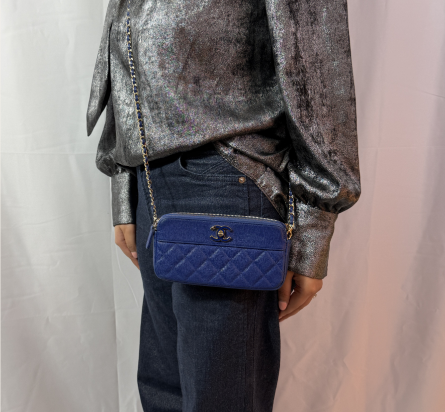 Chanel Archival Caviar Quilted Small Clutch in Light Blue thumbnail