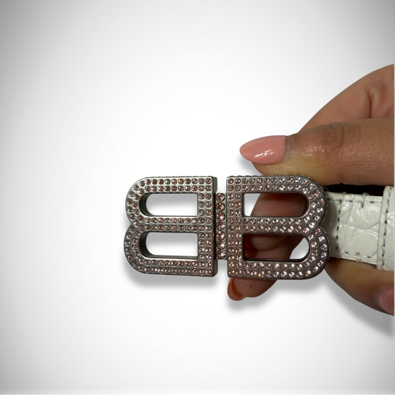 Balenciaga BB Crystal Buckle White Croc-Embossed Thin Leather Belt alternate view