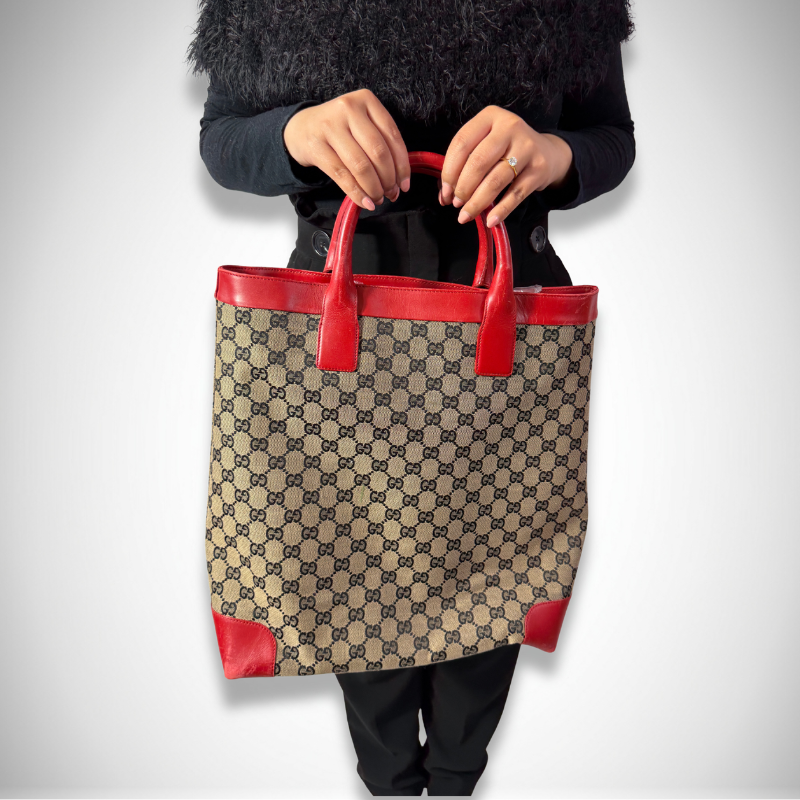 Gucci Vintage GG Supreme Canvas Tote Bag with Red Leather Trim thumbnail