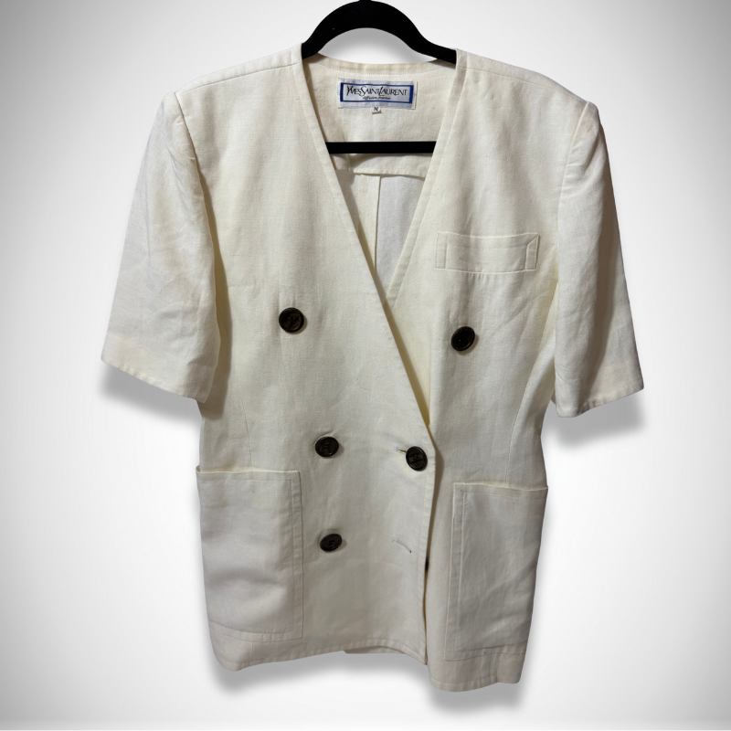 Yves Saint Laurent Vintage Diffusion Femmes Short-Sleeve Double-Breasted Linen Cream Blazer Jacket