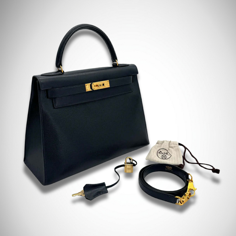Hermès Vintage Kelly 28 in Deep Navy Epsom Leather with Gold Hardware Shoulder Strap