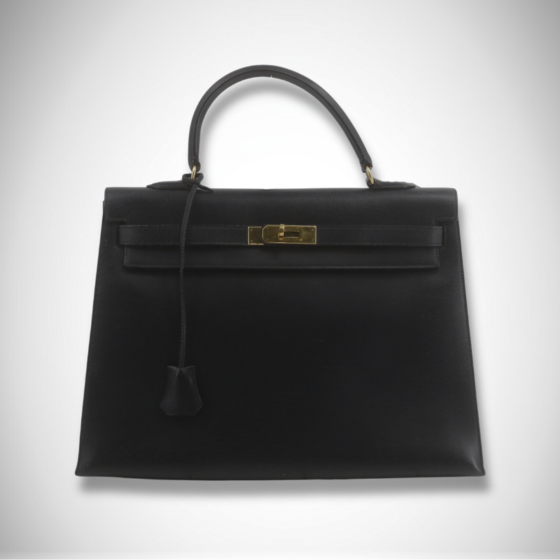 Hermès Vintage Kelly 35 Navy Box Calf Leather Handbag Gold Hardware