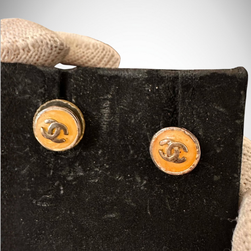 Chanel Vintage CC Logo Round Pastel Enamel Button Stud Earrings