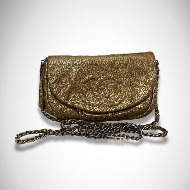 Chanel CC Metallic Gold Caviar Half Moon Wallet on Chain