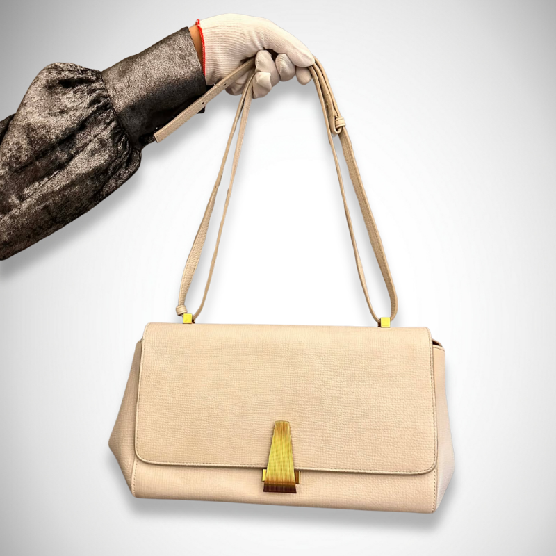 Bottega Veneta Palmellato Grained Calfskin Leather BV Angle Shoulder Bag in Cream/Ivory