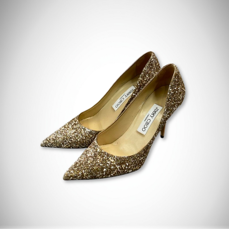 Jimmy Choo Romy 85 Champagne Coarse Glitter Pumps Pointe Toe Stiletto Heel