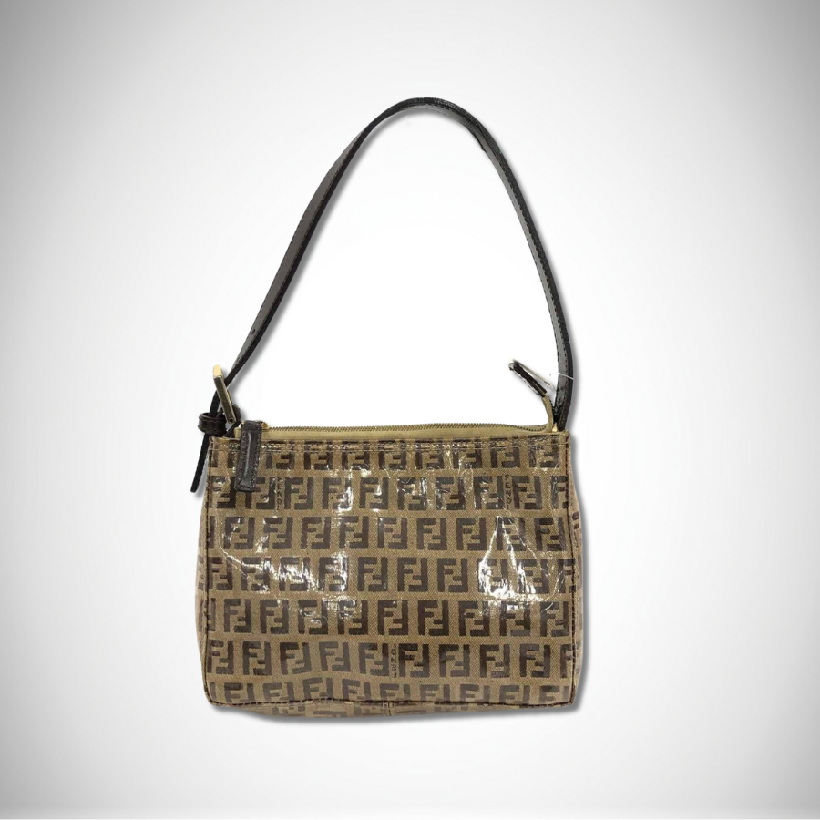 Fendi Vintage Zucchino FF Monogram Canvas Enamel Hand Bag in Tobacco Brown