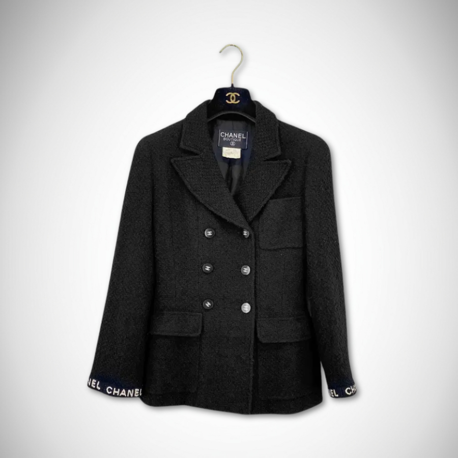 Chanel Vintage Black Wool 1995 Runway Logo Coco Button Tweed Jacket – FR 38