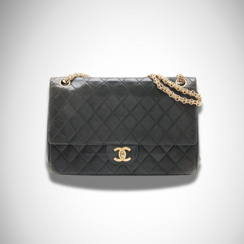 Chanel Archival Matelassé Lambskin Double Flap Double Chain Bag Black Gold Metal Fittings