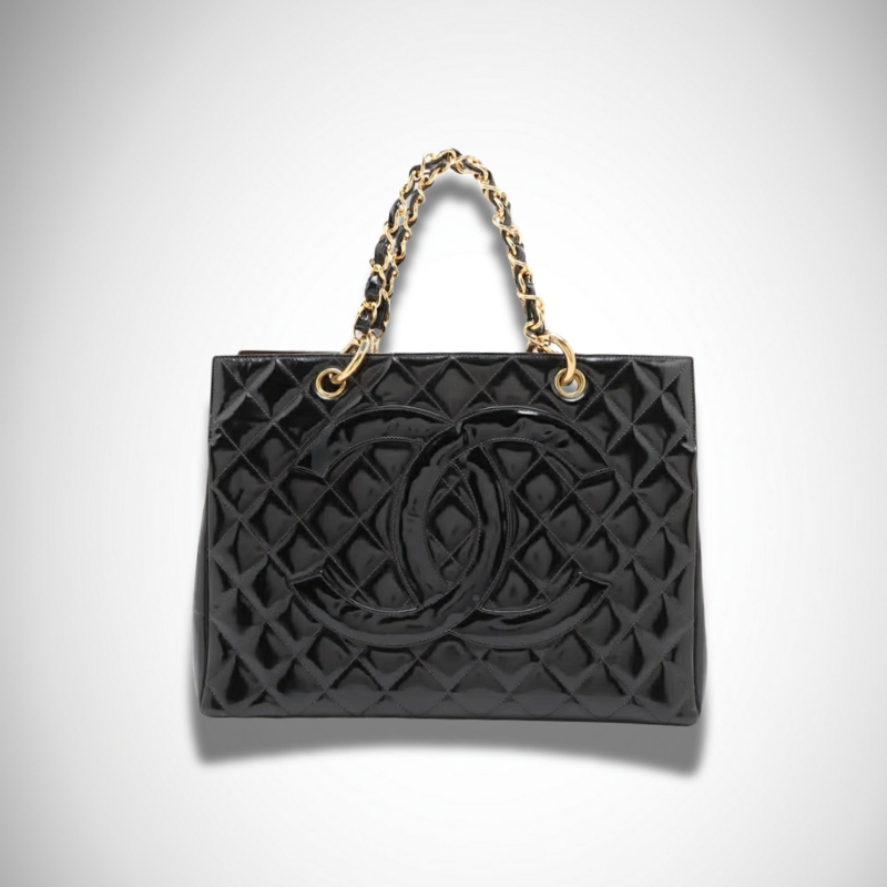 Chanel Vintage Patent Leather Grand Shopping Tote (GST) in Black