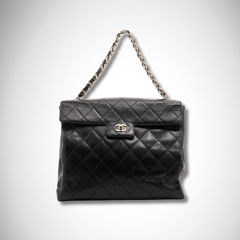 Chanel Vintage Diana-Style Quilted Flap Shoulder Bag - Black Caviar Leather