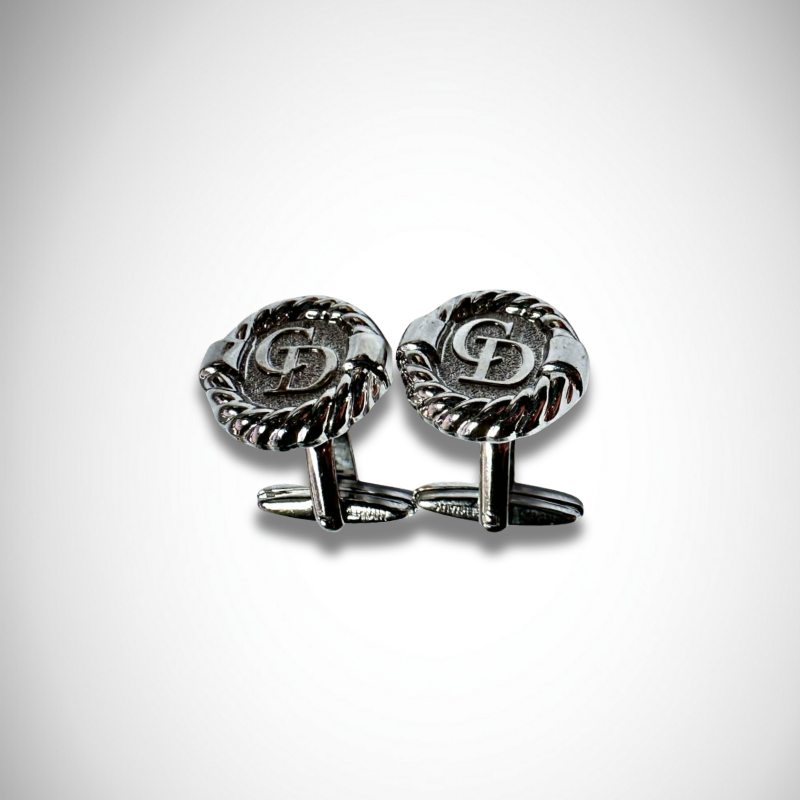 Christian Dior Vintage Silver-Tone Rope Border CD Logo Cufflinks